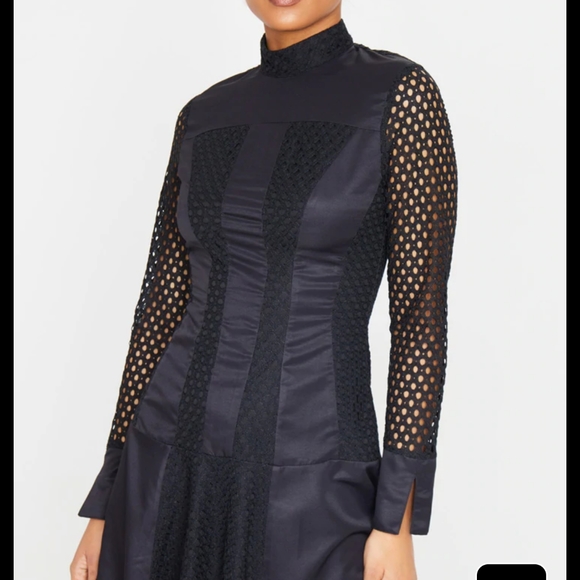 Black Panelled Frill Hem High Neck Bodycon Dress - Picture 4 of 7